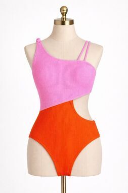 Colorblock One Shoulder Swimsuit Pink Orange Textured XL 14-16